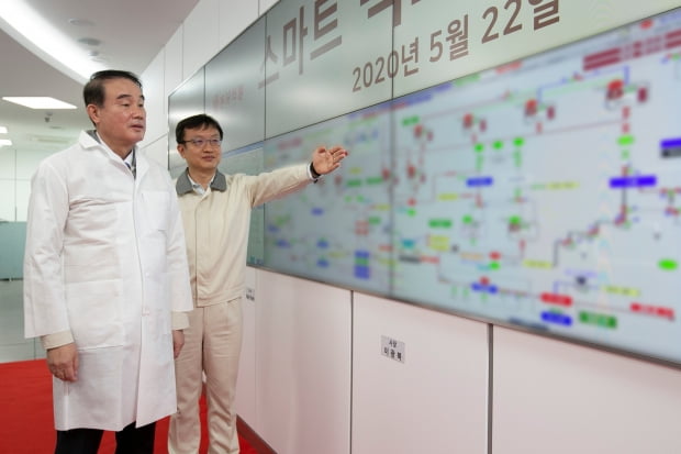 이광복 동서식품 대표(왼쪽)가 22일 준공한 인천 부평공장 스마트팩토리를 둘러보고 있다. 