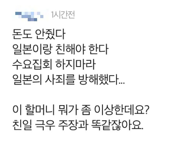 한 온라인 커뮤니티에 게재된 이용수 할머니를 비판하는 글