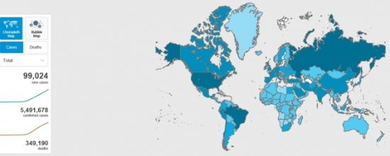 코로나19 확진자 수가 많은 국가들이 진한 색깔로 표시돼 있다. 미국 러시아 브라질 등이 대표적이다. 28일 현재 전 세계에서 확진자 수는 약 549만 명, 사망자 수는 35만 명에 달한다는 게 세계보건기구(WHO)의 통계다. WHO 홈페이지 캡처
