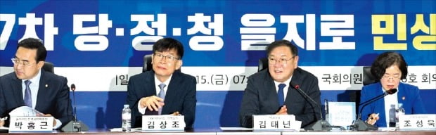 김태년 더불어민주당 원내대표(왼쪽 세 번째)가 15일 국회 의원회관에서 열린 ‘제7차 당·정·청 을지로 민생현안회의’에서 발언하고 있다. 왼쪽부터 박홍근 민주당 을지로위원장, 김상조 청와대 정책실장, 김 원내대표, 조성욱 공정거래위원장.   /연합뉴스 