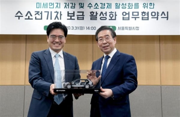 공영운 현대차 사장(왼쪽)과 박원순 서울시장이 수소전기차 활성화 업무협약을 맺고 있다.  현대차 제공 