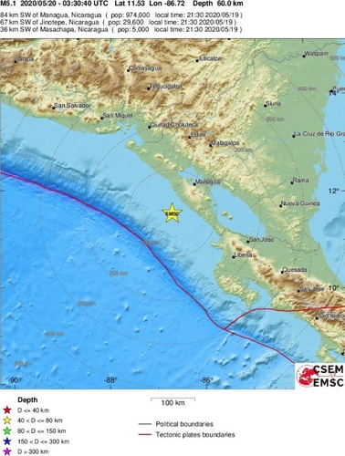 니카라과 남서부 해상서 규모 5.1 지진