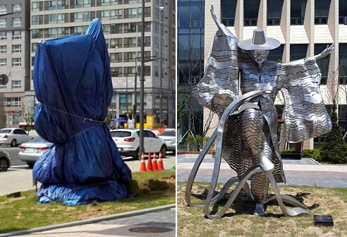 세종시 나성동 국세청사 앞에 설치됐다가 '저승사자를 연상시킨다'는 비판을 받고 한국정책방송원(KTV) 앞으로 이전한 '흥겨운 우리가락' 동상.