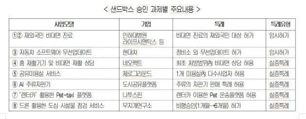 규제 샌드박스 승인 과제 주요 내용. 대한상의 제공