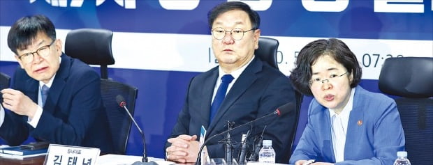 공정거래위원회는 전속고발권 폐지 등을 담은 공정거래법 전면 개정안을 다시 국회에 제출하기로 했다. 조성욱 공정거래위원장(오른쪽)이 지난달 15일 당·정·청 을지로 민생현안회의에서 발언하고 있다.   /연합뉴스 