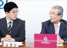 김종인 미래통합당 비상대책위원장(오른쪽)과 김병민 정강정책개정특별위원회 위원장.  /뉴스1 