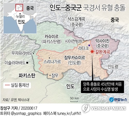 中·印 군인 600명 6시간 동안 국경충돌…45년만에 수십명 사망(종합3보)