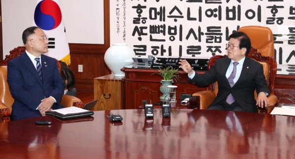 박병석 국회의장(오른쪽)이 24일 국회 의장실에서 홍남기 경제부총리를 만나 환담하고 있다. 연합뉴스