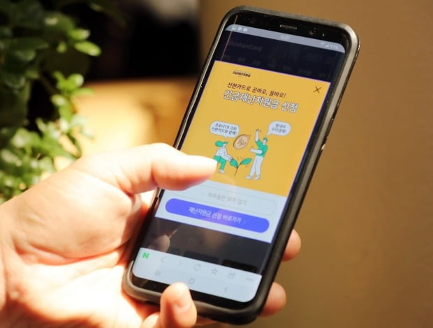 한 시민이 카드사 앱을 통해 재난지원금을 신청하고 있다.(사진=뉴스1)