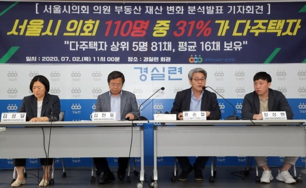 2일 서울 종로구 경제정의실천시민연합 강당에서 열린 '서울시 의회 의원 주택보유 실태 발표' 기자회견에서 윤순철 경실련 사무총장이 취지를 설명하고 있다. 경실련은 '서울시 의회 110명 의원 중 31%가 다주택자'며 '부동산 재산 상위 10명은 평균 16건 52.8억'을 보유'했다고 발표했다. 연합뉴스