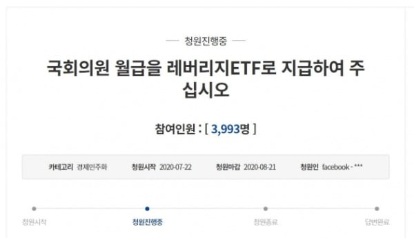 지난 22일에는 국회의원 월급을 '레버리지 ETF'로 지급하자는 국민청원이 등장했다.  /사진=청와대 국민청원 게시판 갈무리