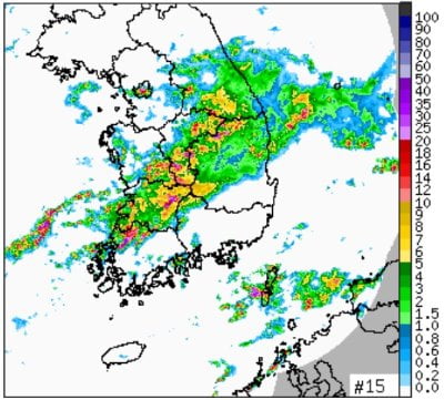 29일 오전 장마전선 상에서 발달한 비구름대가 전라도와 충청도 쪽에 형성돼 있다. 이 비구름대의 영향으로 중부지역에 많은 비가 내리고 있다. 기상청 제공