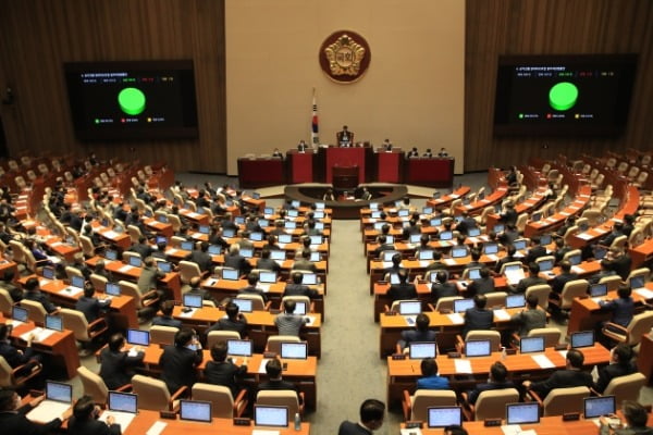 30일 오후 국회 본회의에서 전월세상한제와 계약갱신청구권을 도입하는 내용의 주택임대차보호법이 통과되고 있다. /사진=연합뉴스