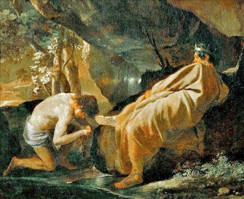 니콜라 푸생의 그림 ‘파크톨루스의 미다스.’ 왕관을 쓴 강의 신이 지켜보는 가운데 미다스 왕이 파크톨루스 강에서 손을 씻고 있다. 