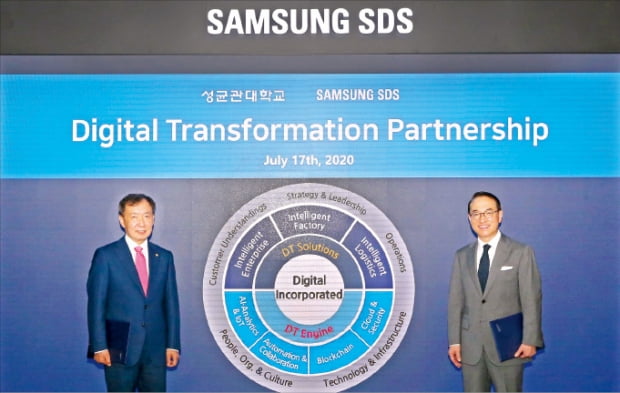 홍원표 삼성SDS 대표(오른쪽)와 신동렬 성균관대 총장이 지난 17일 서울 삼성SDS 잠실캠퍼스에서 성균관대의 디지털 전환 추진을 위한 협약을 체결했다.  삼성SDS 제공 