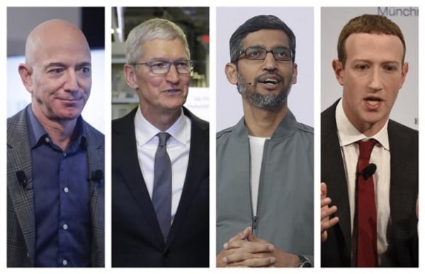 (왼쪽부터) 제프 베이조스 아마존 CEO, 팀 쿡 애플 CEO, 순다르 피차이 구글 CEO, 마크 주크버그 페이스북 CEO/사진=AP