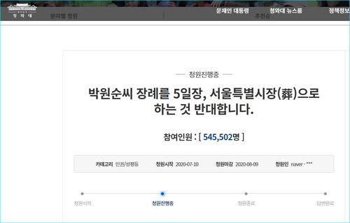 '박원순 온라인 헌화' 94만명…'서울시葬 반대청원' 54만명