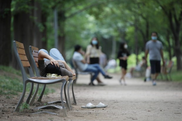 지난달 28일 서울 성동구 서울숲에서 시민들이 그늘에 앉거나 누워 더위를 식히고 있다. / 사진=연합뉴스