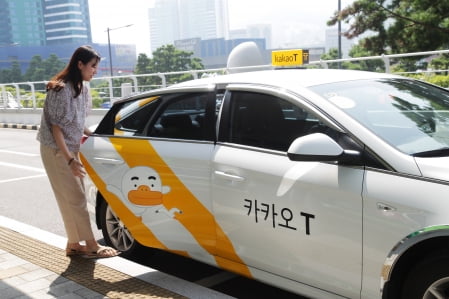 벅시부산이 운영하는 카카오T 블루 택시에 한 이용자가 타고 있다.    국보 제공