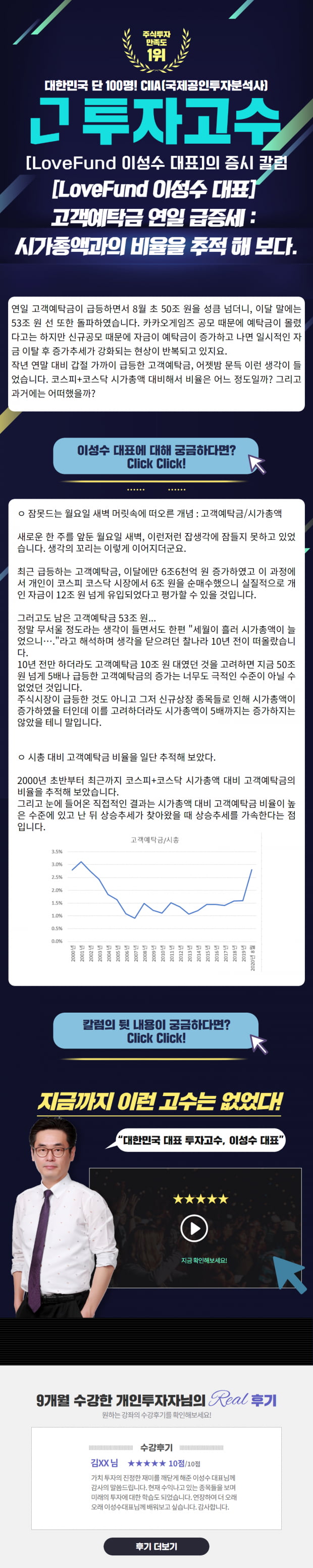 [Lovefund 이성수대표 증시 칼럼] 고객예탁금 연일 급증세 : 시가총액과의 비율을 추적 해 보다.