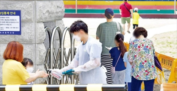 수도권발(發) 신종 코로나바이러스 감염증(코로나19) 환자 급증으로 정부가 사회적 거리두기를 전국적으로 2단계로 상향했지만 ‘깜깜이 집단감염’은 끊이지 않고 있다. 학생 한 명이 확진 판정을 받은 경기 김포시 풍무동 양도초등학교에서 23일 학생과 학부모들이 선별진료소로 들어가고 있다(왼쪽 사진). 전남 홈플러스 순천 풍덕점은 확진자가 발생해 폐쇄됐다.  김영우 기자  youngwoo@hankyung.com