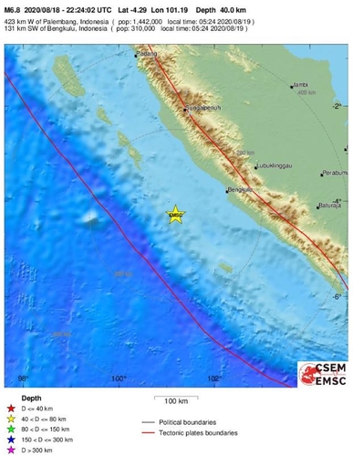 인도네시아 수마트라섬 남부에 규모 6.8 지진