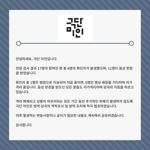 연극계 코로나 확산…극단 미인 '와이바이' 참여진 6명 확진