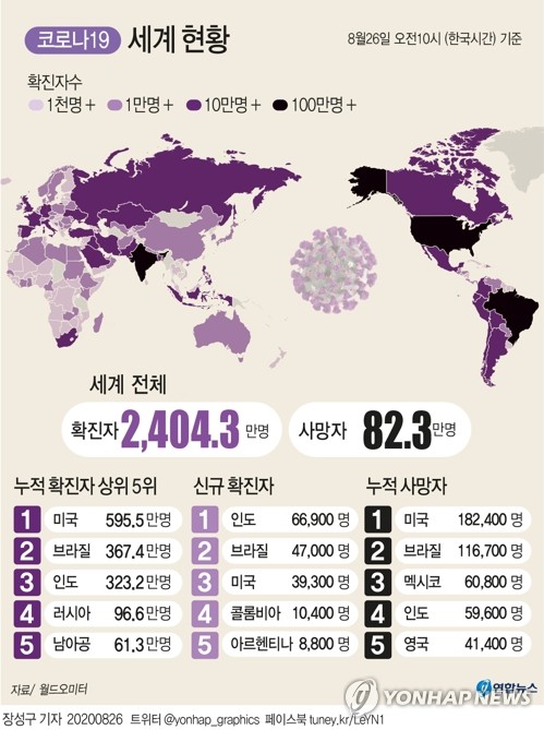 세계 코로나19 확진자 2천400만명…나흘만에 100만명 증가