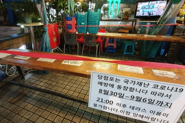 코로나19 확산방지를 위한 수도권 지역의 사회적 거리두기 2.5단계가 시행된 지난 30일 밤 서울의 한 편의점 간이 테이블 앞에 밤 9시 이후로 이용을 제한한다는 안내문이 붙어 있다. /사진=뉴스1