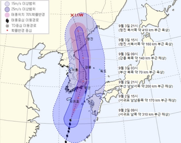 제9호 태풍 '마이삭'의 예상 이동 경로. 기상청 제공