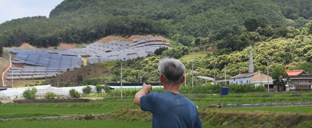 충남 공주시 사곡면에 위치한 태양광과 인근 마을에서 지역 이장이 해당 위치를 바라보고 있는 모습. 사진=한경DB