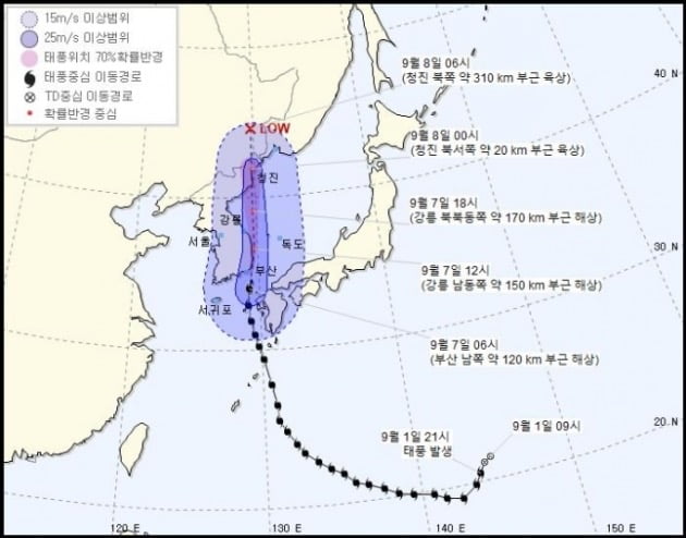 7일 오전 6시 기준 태풍 '하이선' 이동경로. /기상청 홈페이지