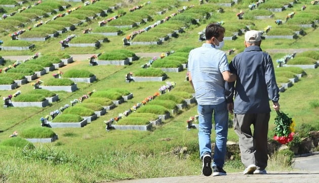 신종 코로나바이러스 감염증(코로나19) 재확산 여파로 사회적 거리두기가 지속되고 있는 가운데 13일 오전 경기도 파주시 실향민 공원묘지인 동화경모공원에서 성묘객이 조상 묘를 찾고 있다./파주=김범준기자 bjk07@hankyung.com