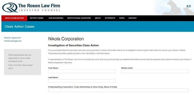 미국 로펌 로젠은 니콜라가 거짓말으로 투자자들에게 손실을 입혔다며 집단소송에 참가할 니콜라 주주를 모으기 시작했다. [사진=로젠 로펌 홈페이지 캡처]
