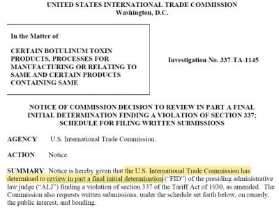美 ITC, 대웅 이의제기 중 일부 재검토 결정…메디톡스 "통상적 절차"