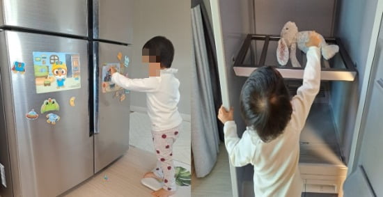 (왼쪽부터)아이가 냉장고에 붙은 뽀로로 마그네틱으로 옷을 입히는 모습, 삼성에어드레서에 애착인형을 넣는 모습.사진=채선희 기자.