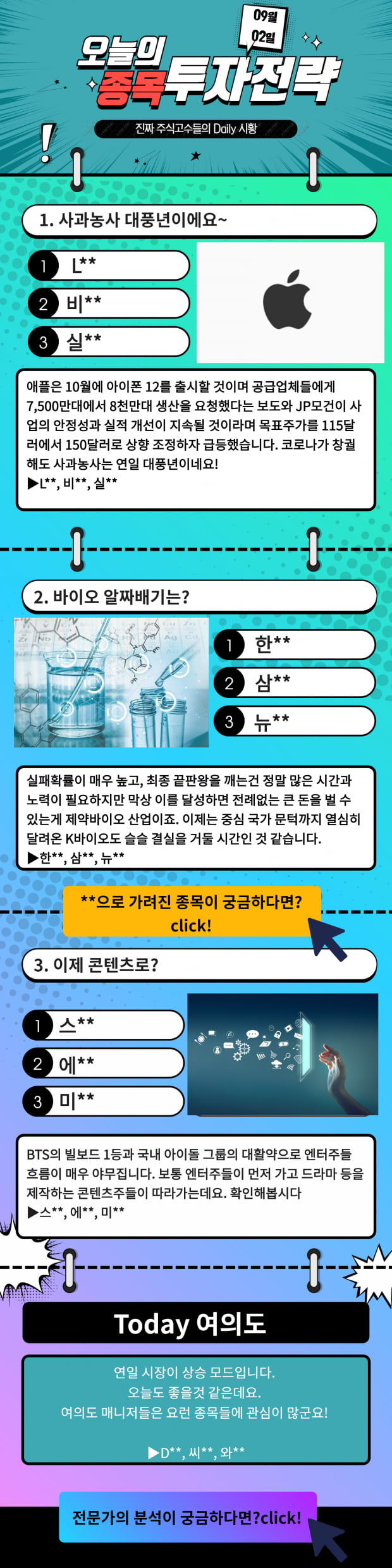 [오늘의 종목 투자전략] 애플, 바이오, 컨텐츠, 오늘의 테마 확인 click Click