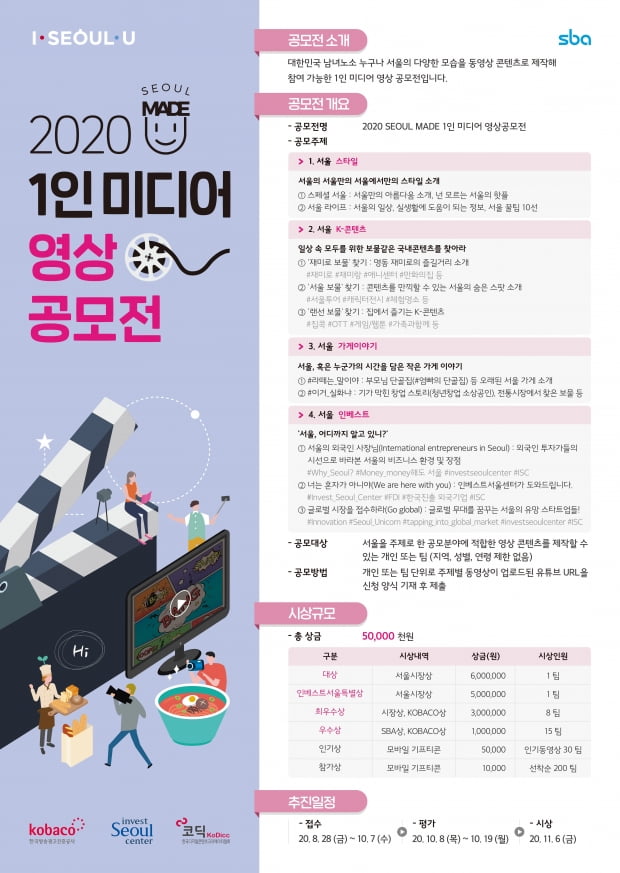 SBA, 2020 서울메이드 1인 미디어 영상 공모전 개최