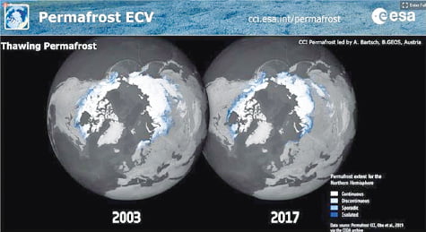북극권 영구동토층 면적 감소 비교. 출처: 유럽우주국(ESA) 홈페이지
 