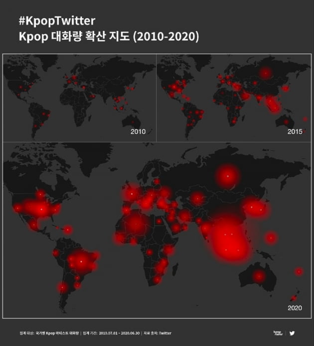▲사진 설명: #KpopTwitter Kpop 대화량 확산 지도(2010-2020)