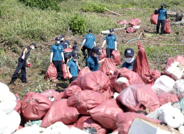 4일 오전 제주 서귀포 표선면 제주해비치리조트 앞 해변에서 제주 해안경비단 121의경대가 태풍에 떠밀려온 해양쓰레기들을 수거하고 있다. / 사진=뉴스1