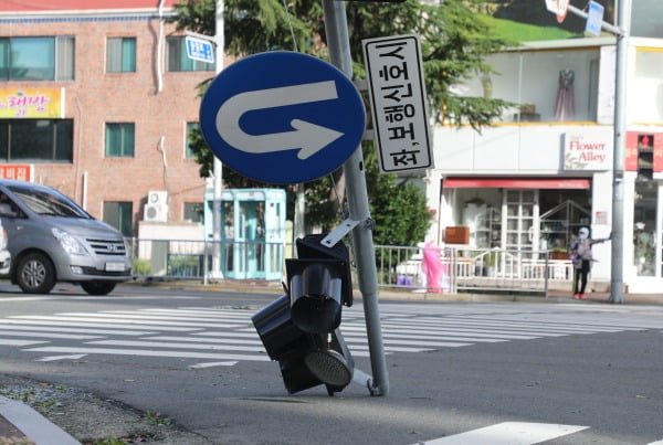 제9호 태풍 마이삭(MAYSAK)이 지나간 3일 오전 울산 남구 번영로 문화예술회관 사거리의 한 신호등이 강풍에 넘어져 있다. 사진 / 뉴스1