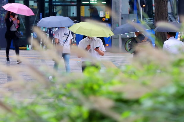 전국에 가을비가 찾아온 16일 오전 서울 종로구 청계광장에 조성된 수크렁 풀밭 너머로 우산을 쓴 시민들이 출근길 발걸음을 재촉하고 있다. 사진=뉴스1