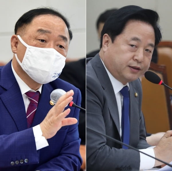 재정준칙 도입을 고수하는 홍남기 부총리(왼쪽)를 비판한 김두관 의원. / 사진=뉴스1