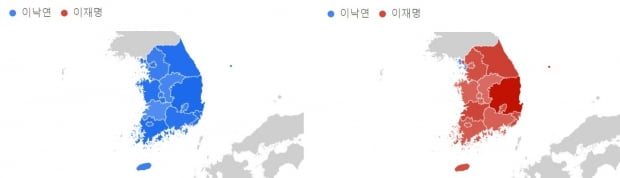 지역별 검색빈도. 왼쪽은 지난 4월, 오른쪽은 지난달. 자료=구글 