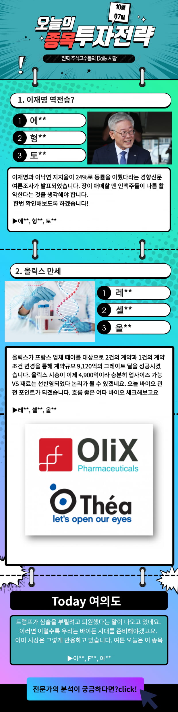 [오늘의 종목 투자전략] 이재명, 올릭스 관련주 확인! Click