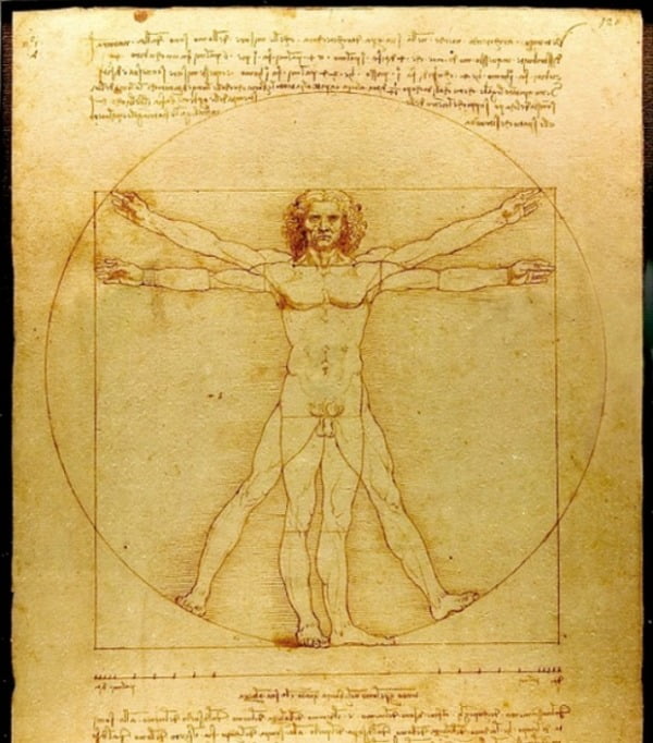 다빈치의 인체 그림 ‘비트루비우스적 인간’. 고대 로마 건축가 비트루비우스의 책에 나오는 이상적 인체 비율을 풍부한 해부학 연구 자료로 재구성했다. 아래는 각종 기계와 무기, 동물 스케치. 