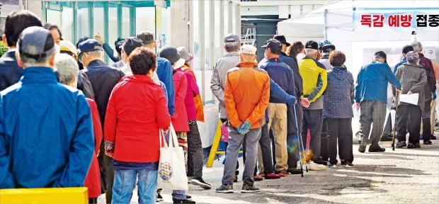 만 70세 이상 어르신을 대상으로 한 인플루엔자(독감) 무료 예방 접종이 시작된 지난 19일 오전 서울시내의 한 병원에서 무료 예방 접종을 하려는 어르신들이 줄지어 서 있다. 김범준기자 bjk07@hankyung.com