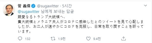 日스가 "트럼프 대통령 부부 조속한 코로나19 극복 기원"