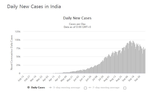 인도 코로나19 누적 확진 700만명 넘어…폭증세는 다소 주춤